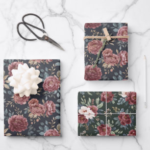 Navy Blue Burgundy Red Floral Birthday Wrapping Paper Sheet