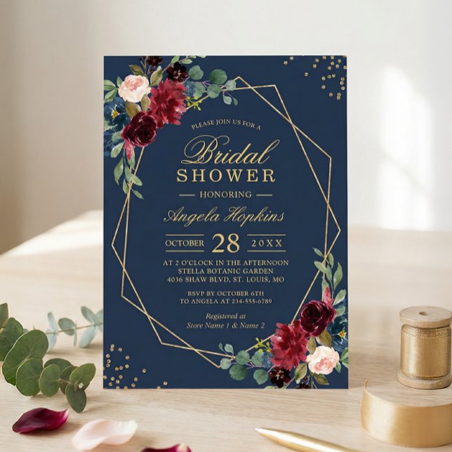 Navy Blue Burgundy Red Floral Modern Bridal Shower Invitation (Creator Uploaded)