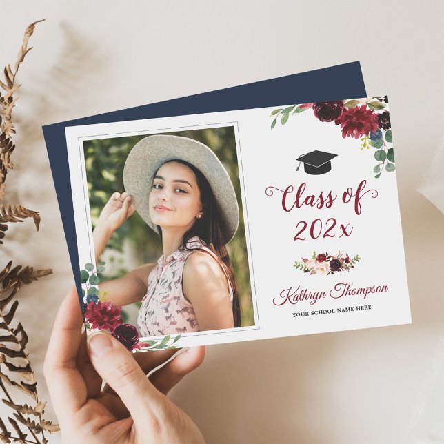 Navy Blue Burgundy Red Floral Photo Graduation Invitation (Creator Uploaded)