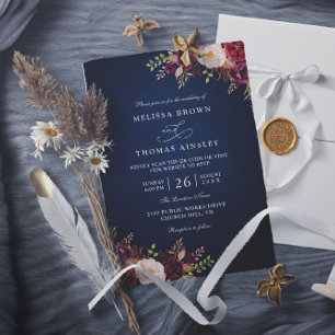 Navy Blue Burgundy Red Floral QR Code Wedding Invitation