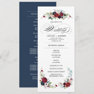 Navy Blue   Burgundy Red Floral Wedding Program Invitation