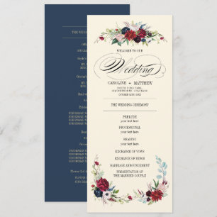 Navy Blue   Burgundy Red Floral Wedding Program Invitation