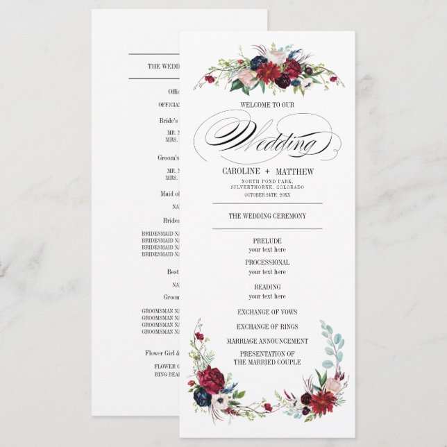 Navy Blue | Burgundy Red Floral Wedding Program Invitation (Front/Back)