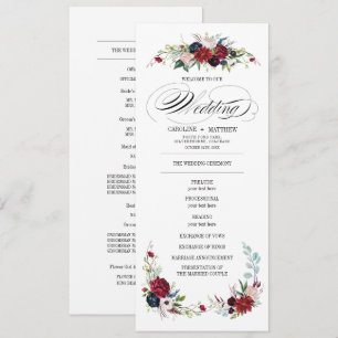Navy Blue   Burgundy Red Floral Wedding Program Invitation