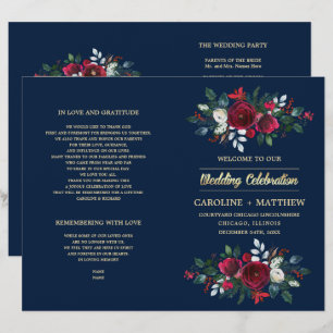 Navy Blue   Burgundy Red Floral Wedding Programs