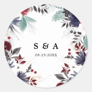 Navy Blue Burgundy Red Gothic Floral Wedding Classic Round Sticker