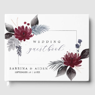 Navy Blue Burgundy Red Gothic Floral Wedding  Guest Book