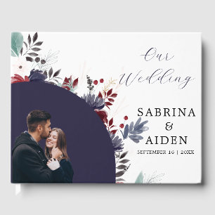 Navy Blue Burgundy Red Gothic Floral Wedding  Guest Book
