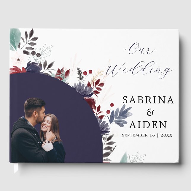 Navy Blue Burgundy Red Gothic Floral Wedding  Guest Book (Front)