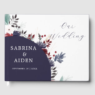 Navy Blue Burgundy Red Gothic Floral Wedding  Guest Book