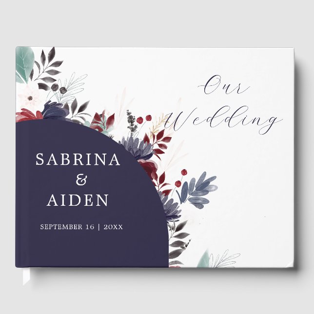 Navy Blue Burgundy Red Gothic Floral Wedding  Guest Book (Front)