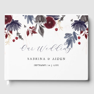 Navy Blue Burgundy Red Gothic Floral Wedding Guest Book