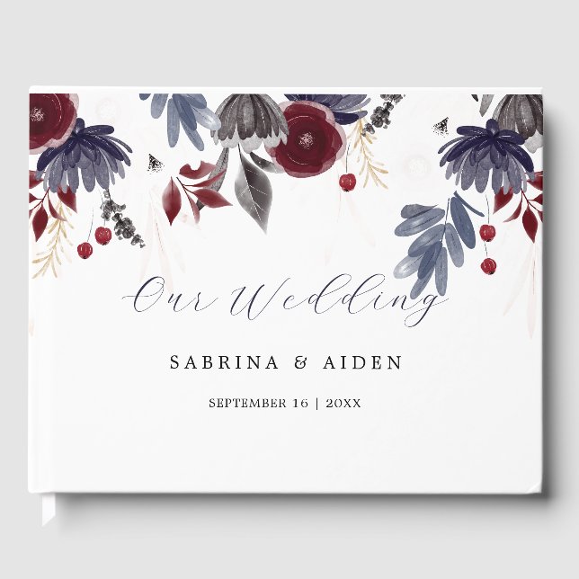 Navy Blue Burgundy Red Gothic Floral Wedding  Guest Book (Front)
