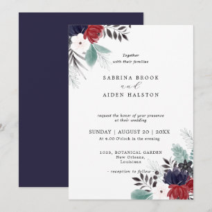 Navy Blue Burgundy Red Gothic Floral Wedding  Invitation