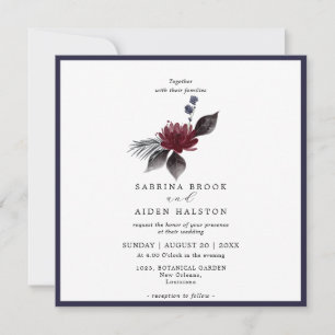 Navy Blue Burgundy Red Gothic Floral Wedding  Invitation