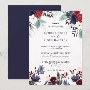 Navy Blue Burgundy Red Gothic Floral Wedding  Invitation
