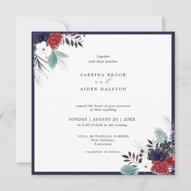 Navy Blue Burgundy Red Gothic Floral Wedding  Invitation (Front)