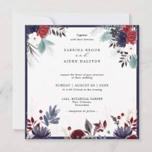 Navy Blue Burgundy Red Gothic Floral Wedding  Invitation