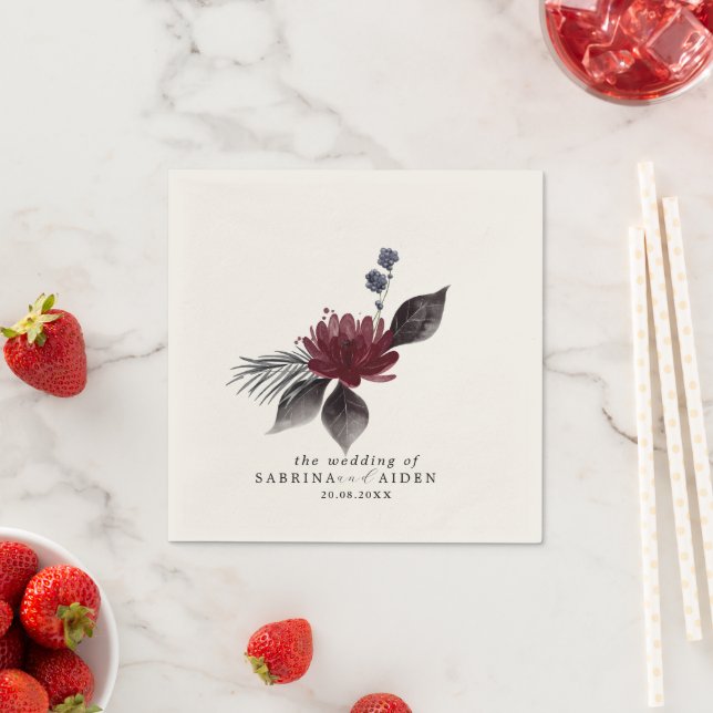 Navy Blue Burgundy Red Gothic Floral Wedding Napkin (Insitu)