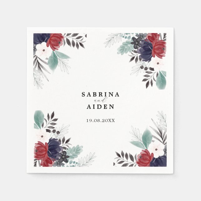 Navy Blue Burgundy Red Gothic Floral Wedding Napkin (Front)