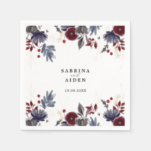 Navy Blue Burgundy Red Gothic Floral Wedding Napkin