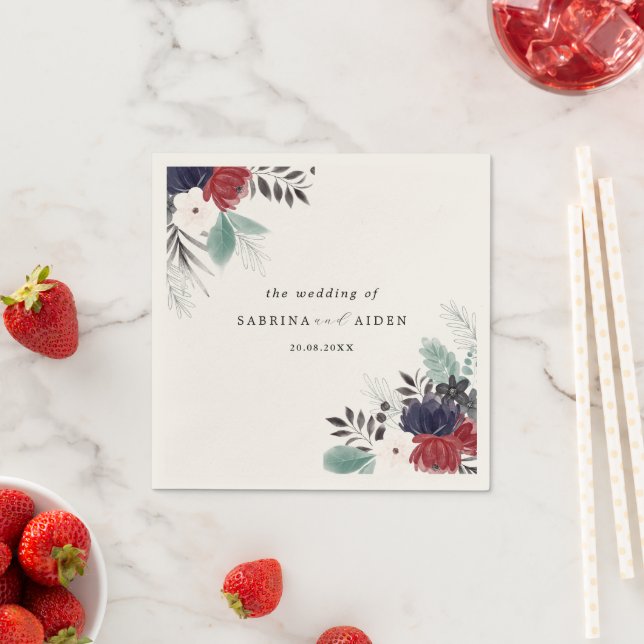 Navy Blue Burgundy Red Gothic Floral Wedding Napkin (Insitu)