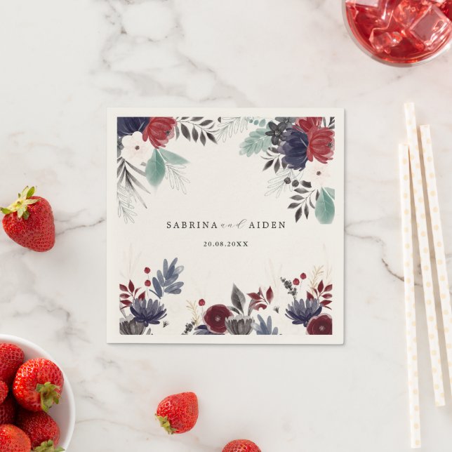 Navy Blue Burgundy Red Gothic Floral Wedding Napkin (Insitu)