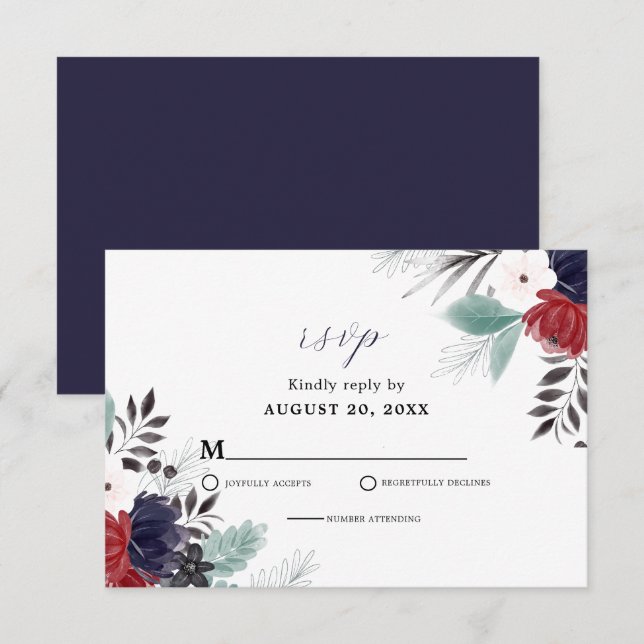 Navy Blue Burgundy Red Gothic Floral Wedding  RSVP Card (Front/Back)