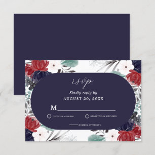Navy Blue Burgundy Red Gothic Floral Wedding  RSVP Card