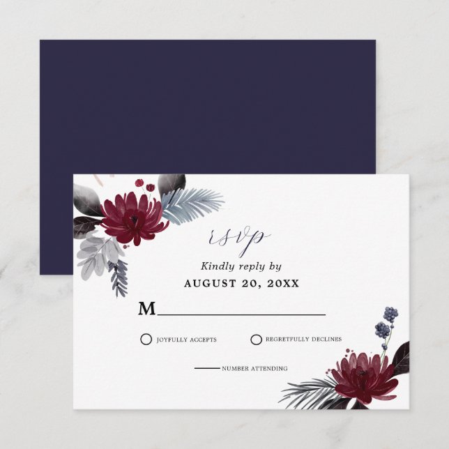 Navy Blue Burgundy Red Gothic Floral Wedding  RSVP Card (Front/Back)