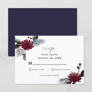 Navy Blue Burgundy Red Gothic Floral Wedding RSVP Card