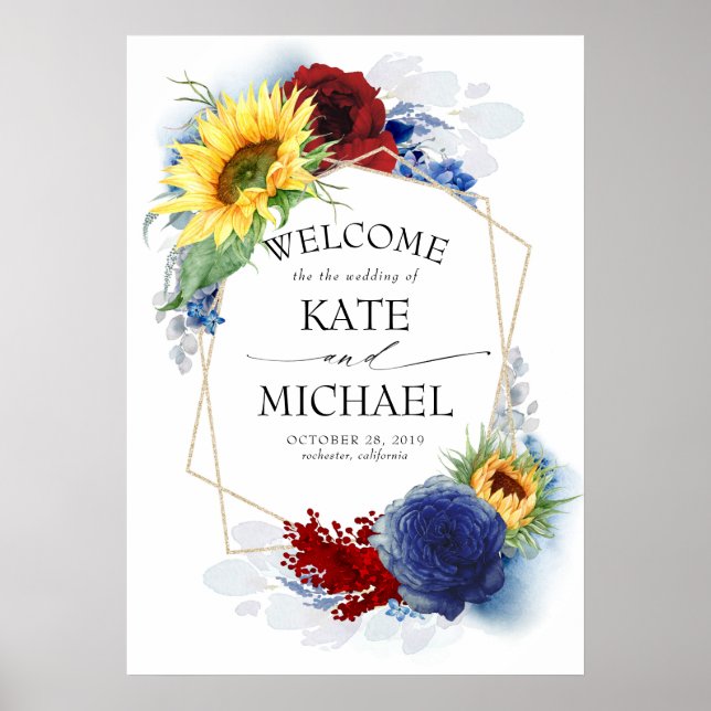 Navy Blue Burgundy Red Sunflower Yellow Welcome Poster (Front)