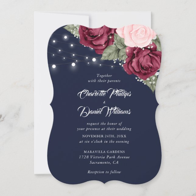 Navy Blue Burgundy Rose Baby's Breath Wedding Invitation (Front)
