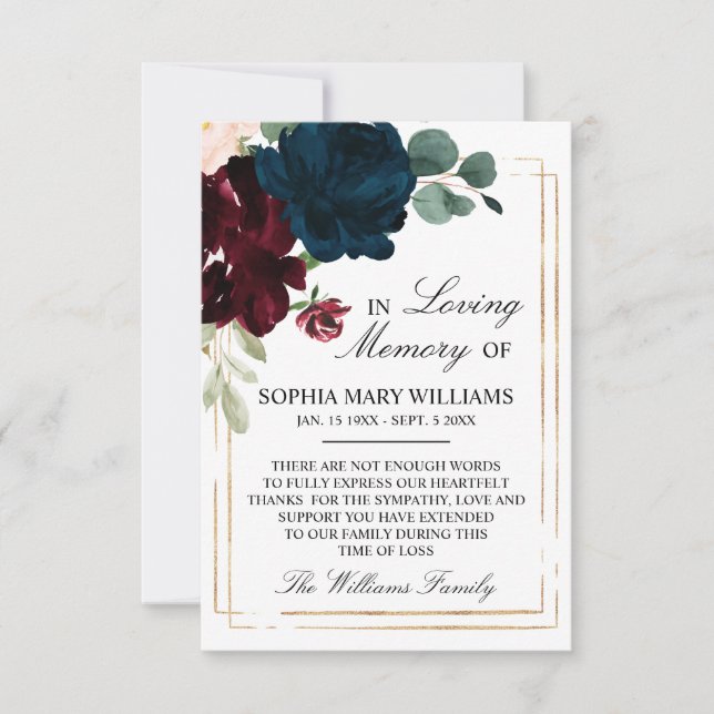 Navy Blue & Burgundy Rose Floral Sympathy Memory Thank You Card (Front)