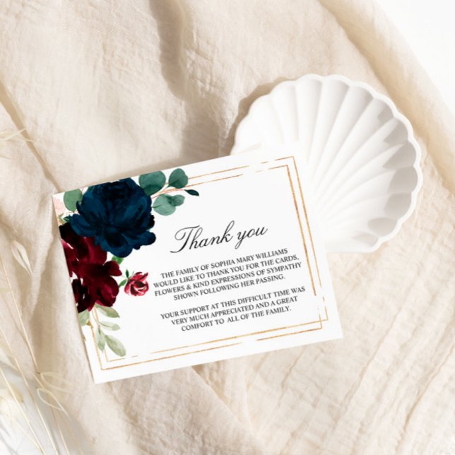 Navy Blue & Burgundy Rose Funeral Thank You Note Card (Creator Uploaded)