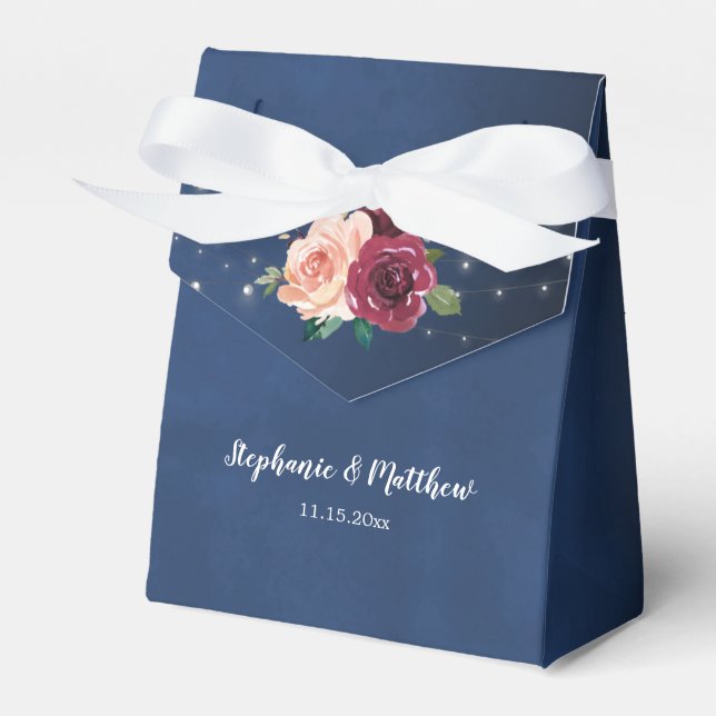 Navy Blue Burgundy Rose String Lights Wedding Favour Box (Front Side)