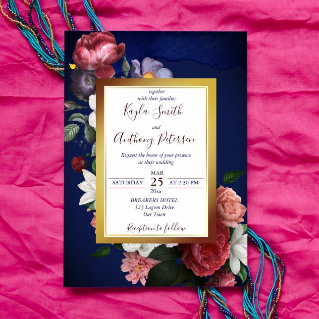 Navy blue burgundy roses floral wedding invite (Creator Uploaded)