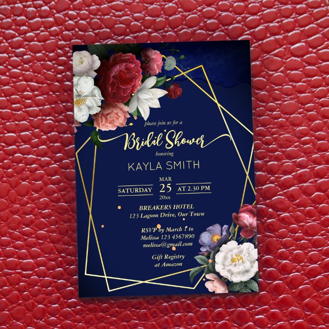 Navy blue burgundy roses geometrical bridal shower invitation (Creator Uploaded)