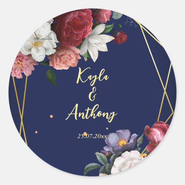 Navy blue burgundy roses wedding envelope classic round sticker (Front)