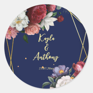 Navy blue burgundy roses wedding envelope classic round sticker