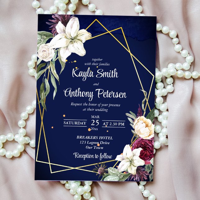 Navy blue burgundy roses white lily wedding invite (Creator Uploaded)
