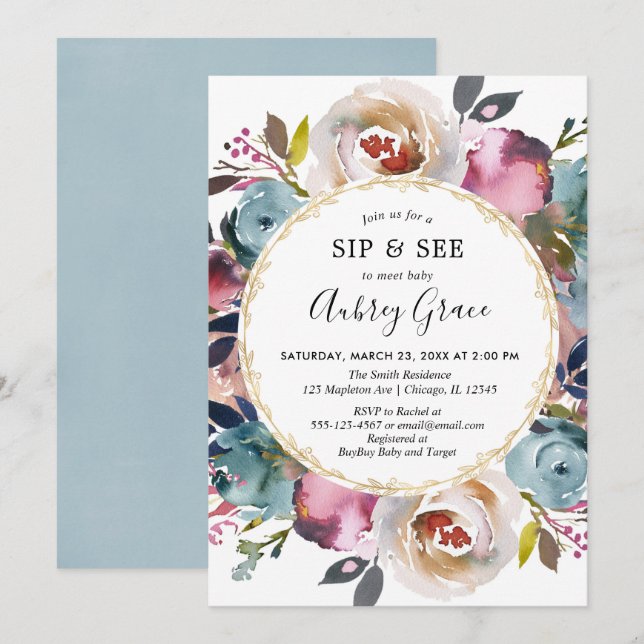 Navy blue burgundy rustic floral sip and see invitation (Front/Back)