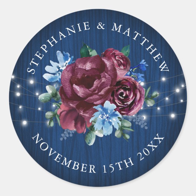 Navy Blue Burgundy String Lights Floral Wedding Classic Round Sticker (Front)