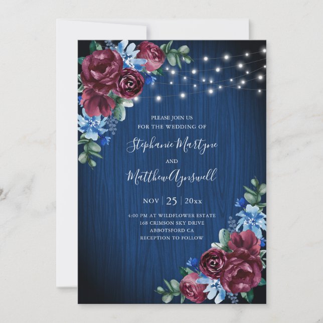 Navy Blue Burgundy String Lights Floral Wedding Invitation (Front)