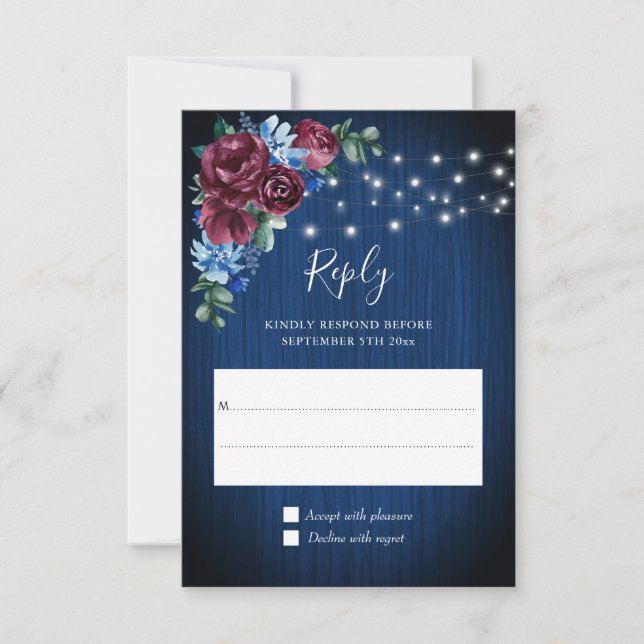 Navy Blue Burgundy String Lights Floral Wedding RSVP Card (Front)