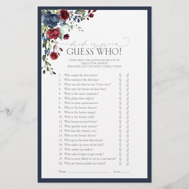 Navy Blue Burgundy Watercolor Bridal Shower Game (Front)