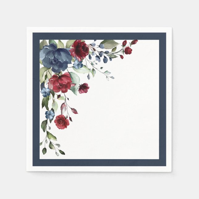 Navy Blue Burgundy Watercolor Floral Bridal Shower Napkin (Front)