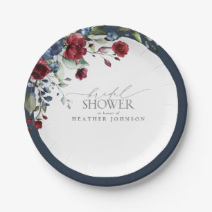 Navy Blue Burgundy Watercolor Floral Bridal Shower Paper Plate