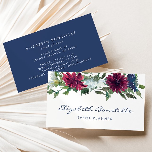 Navy Blue Burgundy Watercolor Floral Business Card (Creator Uploaded)