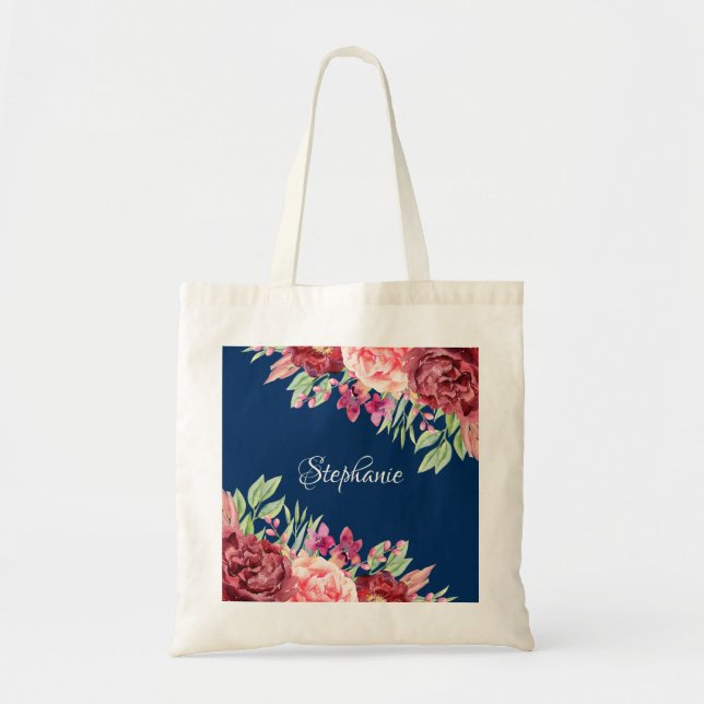 Navy Blue Burgundy Watercolor Floral Monogram Tote Bag (Front)